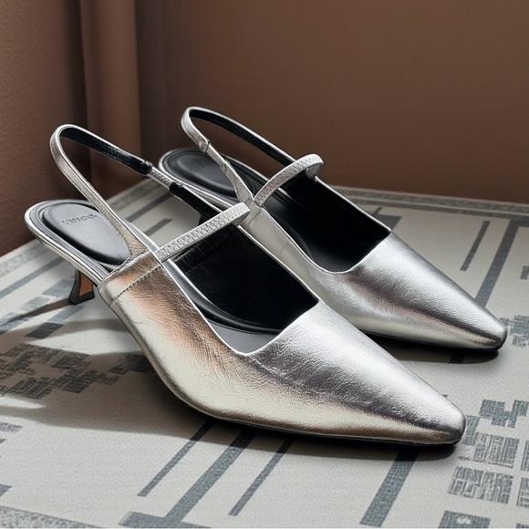 Vince Shoes - Vince Venice Metallic Slingback Pump Kitten Heel Silver Shoes